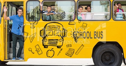Digitally generated image of various icons with teacher and students waving hands in school bus