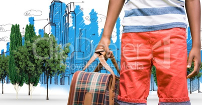Digitally generated image of man holding bag while standing with buildings drawn in background