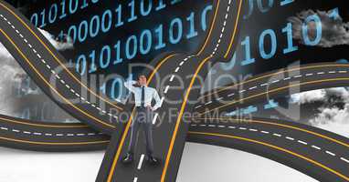 Digitally generated image of businessman on wavy road against binary numbers