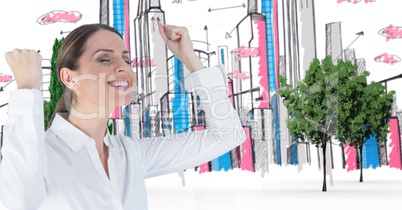 Digital composite image of successful businesswoman celebrating in drawn city