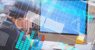 Digital composite image of businessman with LCD and futuristic screen