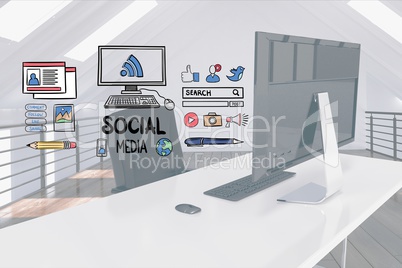 Digital composite image of social media signs over computer desk