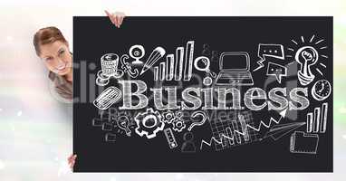 Digital composite image of businesswoman holding bill board with business text and icons