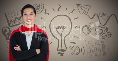 Business woman superhero with arms folded against brown background with idea doodles