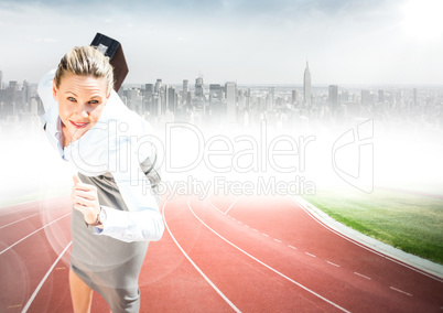 Business woman with briefcase running on track against blurry skyline with flares