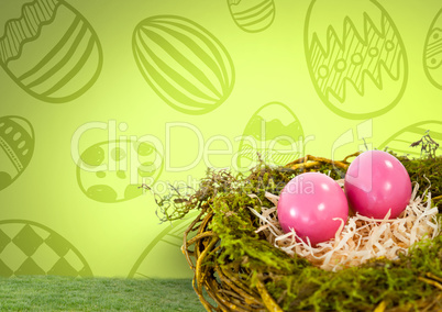 Easter eggs in nest in front of pattern