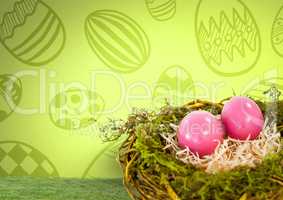 Easter eggs in nest in front of pattern