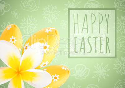 Green type in box with yellow flower and eggs against green easter pattern