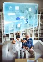 Old couple wearing VR Virtual Reality Headset with Interface