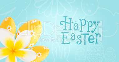 Blue type and yellow flower and eggs against blue easter pattern