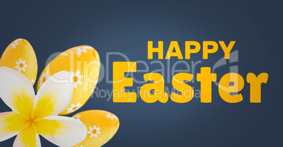 Yellow type and yellow flower and eggs against navy easter pattern