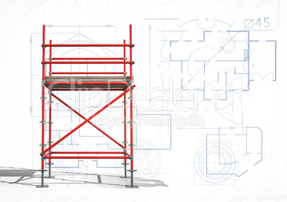 3D red scaffolding with white and blueprint background