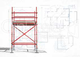 3D red scaffolding with white and blueprint background