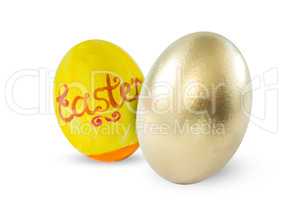 Easter egg and gold egg in white background.