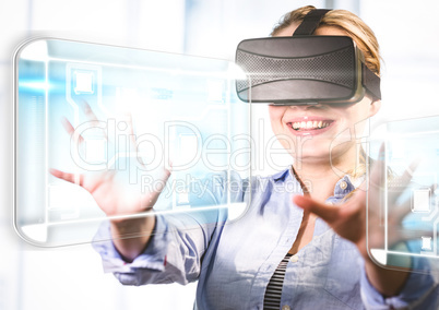 Woman wearing VR Virtual Reality Headset with Interface