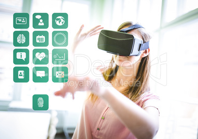 Woman wearing VR Virtual Reality Headset with Interface Health