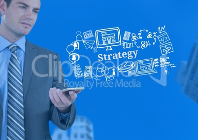 Businessman with phone and Strategy text with drawings graphics