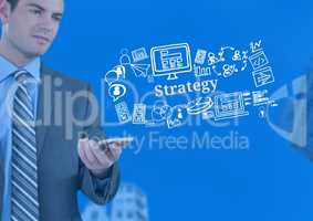 Businessman with phone and Strategy text with drawings graphics