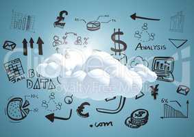 3D clouds with black business doodles and flares against blue background