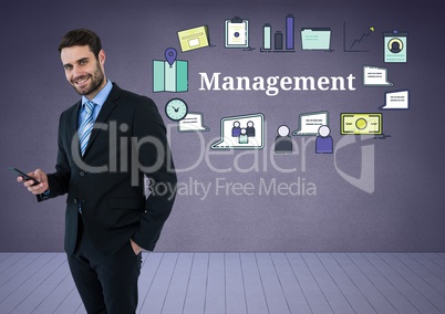 Businessman with phone and Management text with drawings graphics