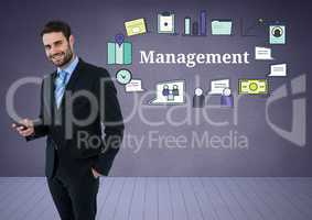 Businessman with phone and Management text with drawings graphics