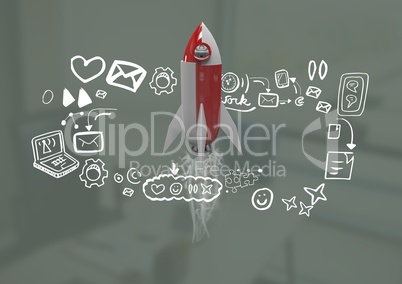 3D Rocket flying and media icons drawings graphics