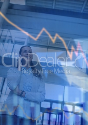 Business woman with phone and blue chart and arrow graphic overlay