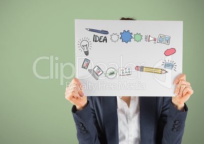 Woman holding card with creative design graphics drawings