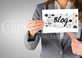 Businesswoman holding card with blog social media graphics drawings