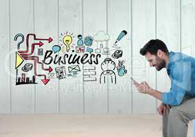 Man on phone with business text with drawings graphics