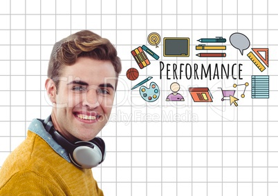 Happy man with headphones and Performance text with drawings graphics