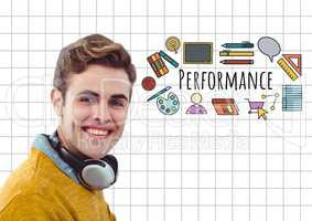 Happy man with headphones and Performance text with drawings graphics