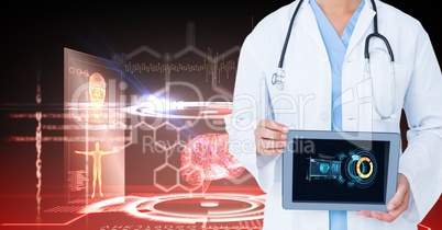 Digital composite image of doctor showing digital tablet against medical background