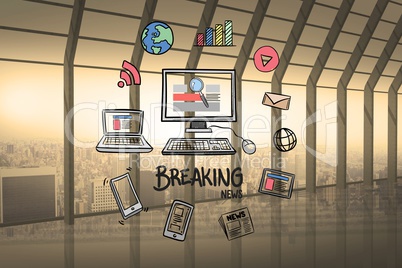 Digital composite of computer and breaking news surrounded with various icons