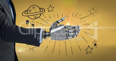 3d image of businessman with robotic hand against symbols