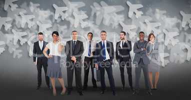 Digital composite image of multi ethnic business people with airplane background