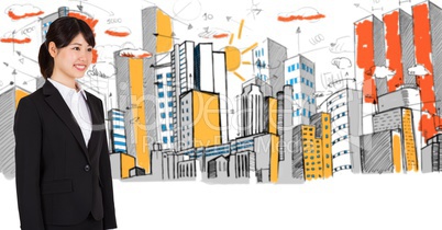 Digital composite image of businesswoman and buildings