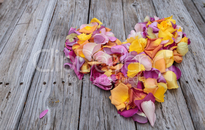 Rose petals in the shape of a heart in the colors of a sunset