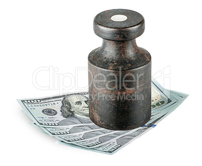 Banknotes clamped old rusty weights
