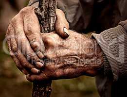 Elderly man holding a staff in his hands