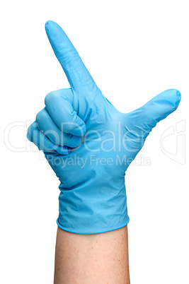 Hand in blue latex glove showing two fingers vertically