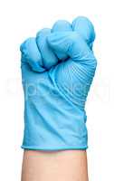 Hand in latex glove clenched into a fist