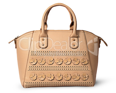 In front elegant women beige handbag