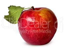 In front red ripe apple with green leaf