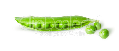 Opened green pea pod and peas top view