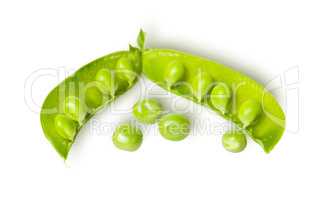 Opened green pea pod and several peas