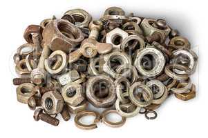 Pile of old fasteners top view