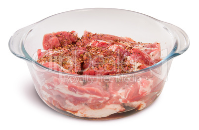 Raw Pork With Spices In A Glass Bowl