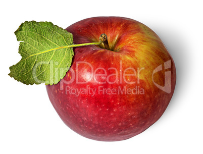 Red ripe apple with green leaf top view