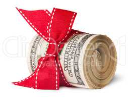 Roll Of One Hundred Dollar Bills Tied With Red Ribbon